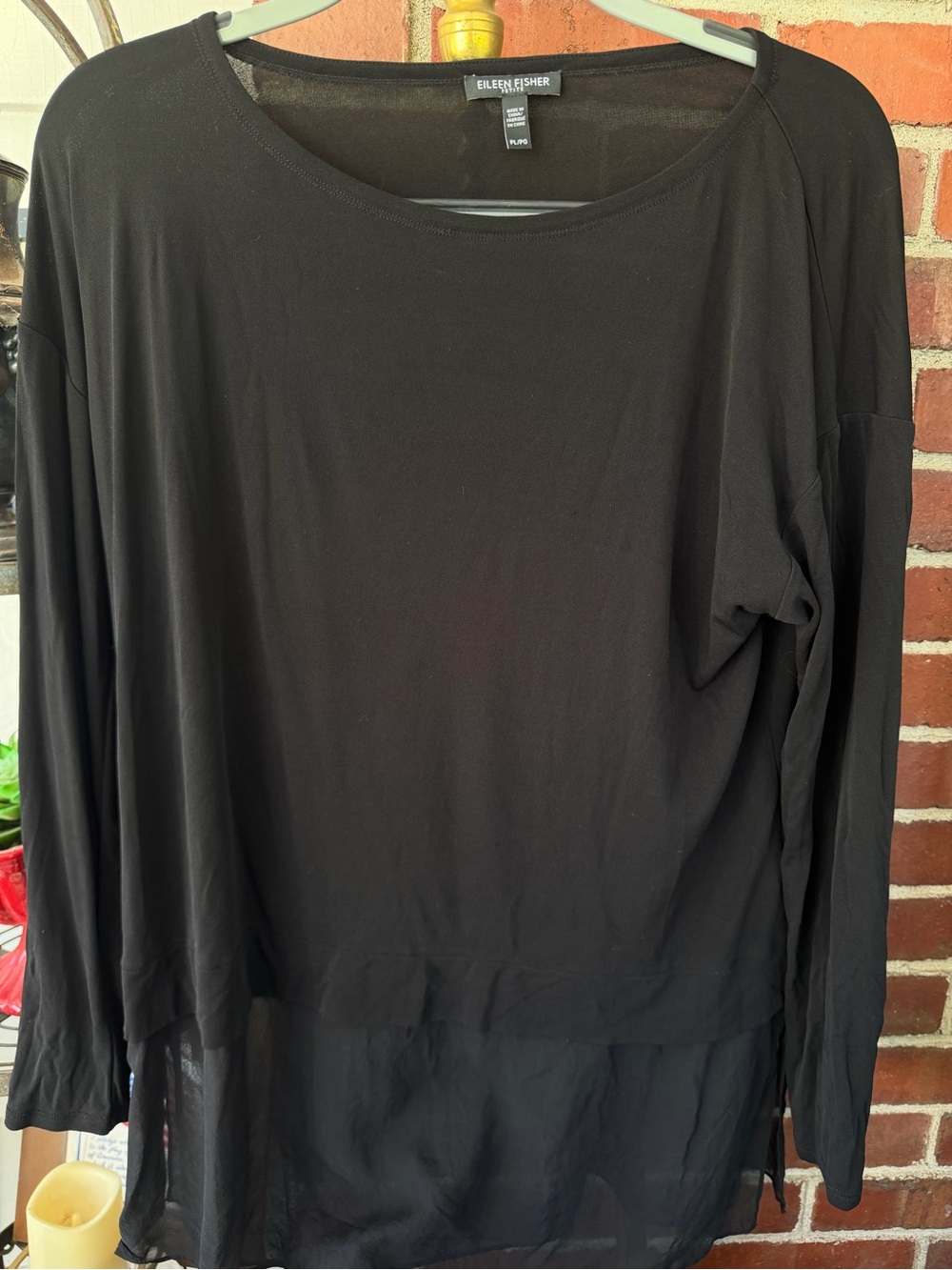 Eileen Fisher PETITE L Black Layered Sheer-Hem Long Sleeve Top